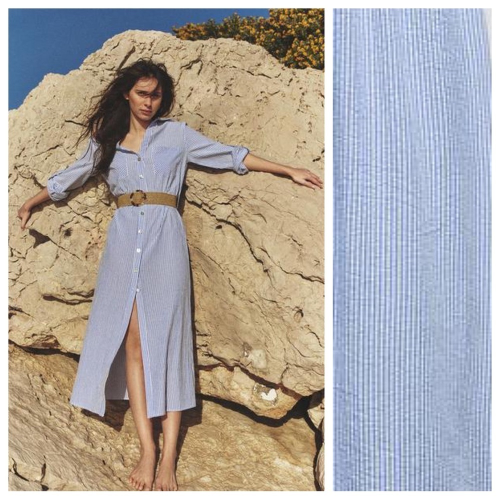 NWT. Zara Blue/White Cotton Blend Belted Striped Midi Dress. Size M.